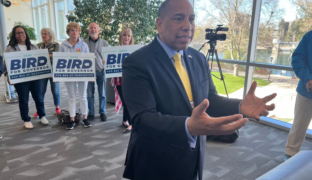 Semi Bird, a former Richland school board member, speaks to reporters Saturday, April 20, 2024, after Republican party delegates vote to endorse him as the party's candidate. (Credit: Scott Greenstone / KUOW)