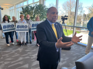 Semi Bird, a former Richland school board member, speaks to reporters Saturday, April 20, 2024, after Republican party delegates vote to endorse him as the party's candidate. (Credit: Scott Greenstone / KUOW)