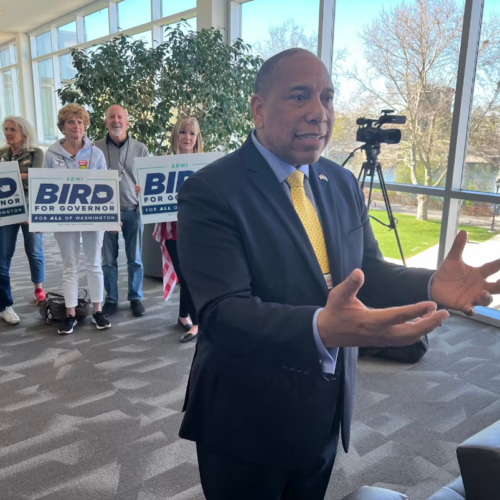 Semi Bird, a former Richland school board member, speaks to reporters Saturday, April 20, 2024, after Republican party delegates vote to endorse him as the party's candidate. (Credit: Scott Greenstone / KUOW)