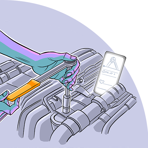 Illustration of a hand using a torque wrench on a subaru engine while looking at a mobile phone.