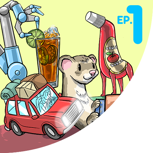 Collage of Trails End Episode 1 illustrations including a robotic arm placing a lime on a cocktail glass, a packed car moving from Seattle to Pullman, a Wild Ketchup bottle shaped like a giraffe and a ferret in the waist of someone's pants.