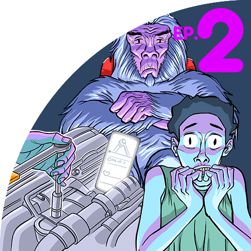 Collage of Trails End Episode 2 illustrations including man using torque wrench on a subaru engine, sasquatch watching a bad movie, and a person shaking in fear and biting their nails.