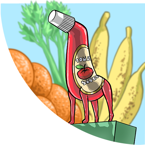 Illustration of a wild ketchup bottle with the body of a giraffe standing amongst fruits and vegetables.
