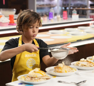 Asher Niles makes pancakes in the “Pancakes & Ice Cream” episode of this season's MasterChef Junior. (Credit: Greg Gayne, FOX Media LLC)