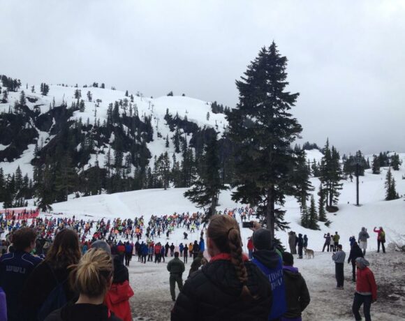 Cross country skiers line up at the start of the 2014 Ski to Sea race. (Credit: Courtney Flatt / Northwest News Network)